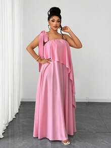 Maweii Plus Size Women Asymmetric Double-Layer Hem Off-Shoulder Backless Camisole Dress - Pink - View 5