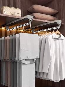 1pc Gunmetal Gray Pull-Out Sliding Clothes Hanger, Convenient And Quick, Multi-Functional Wardrobe Storage, With Painted Metal Hangers, Heavy-Duty Adjustable Clothes Rod, Space-Saving Aluminum Hanger Rod, Suitable For Bedroom Wardrobes, Apartments, And Dormitories. - Grey - View 2