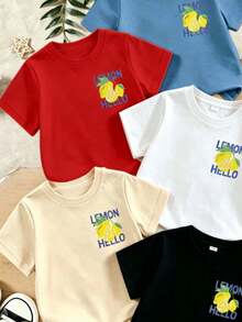 5pcs Randomly Shipped 3pcs, Casual Versatile Cute Lemon Pattern Vacation Style Short Sleeve Soft Top 3-Piece Set, Black/Blue/Apricot/Red/White Short Sleeve Summer Comfortable Casual Clothing, Summer Outing Photography Indoor Holiday Gift Fruit Print T-Shirt - Multicolor - View 4