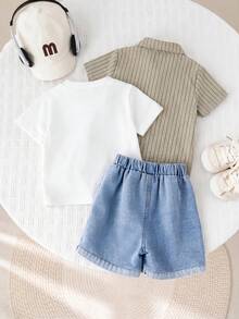 3pcs Set Includes: Baby Boy Summer Casual Vacation Blue Striped Shirt, Shell Graphic White T-Shirt, Blue Denim Shorts Outfit, Summer Suit - Multicolor - View 2