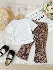SHEIN Bộ 2 món cho bé gái: Áo thun cổ tròn xếp ly và quần ống loe họa tiết da báo. - Nhiều màu - Xem 2