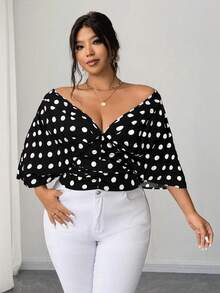Elenzga Plus Size Tie-Up Polka Dot Retro Elegant Blouse - Black - View 6