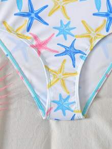 SHEIN 女童海星印花露背蝴蝶结装饰短袖连体泳衣，适合游泳池、海滩、冲浪、度假、夏季旅行，青少年沙滩泳装，海星印花连体泳衣，青少年泳衣，连体泳衣，全包覆式连体泳衣，价格实惠，适合青少年穿着，青少年比基尼连体泳衣 - 淺藍色 - 查看 5