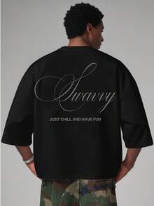 SWAVVY Men's Casual Loose Fit Short Sleeve T-Shirt, Black, Screen Print - Black - View 9
