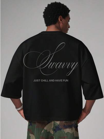 SWAVVY Men's Casual Loose Fit Short Sleeve T-Shirt, Black, Screen Print