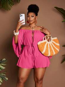 Maweii Jumpsuit Liburan Seksi Wanita Ukuran Plus dengan Bahu Terbuka - Hot Pink - View 4