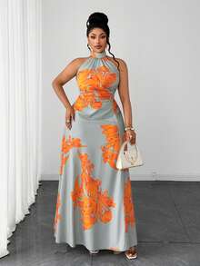 Maweii Vestido de vacaciones con estampado floral, cuello halter y cintura fruncida para tallas grandes - Multicolor - Ver 3