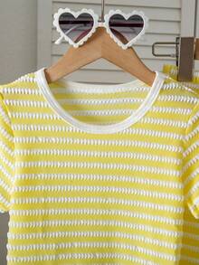 SHEIN 2件套女童针织圆领休闲T恤和修身长裤套装，儿童服装 - 黃色 - 查看 6
