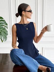 Serisse Women's Elegant Solid Color Tie-Back Sleeveless Blouse, Summer,Summer Top - Navy Blue - View 2