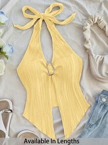 SHEIN Tall CURVE Plus Size Casual Solid Color Backless Halter Top - Light Yellow - View 1