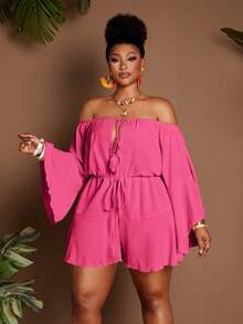 Maweii Jumpsuit Liburan Seksi Wanita Ukuran Plus dengan Bahu Terbuka - Hot Pink - View 1