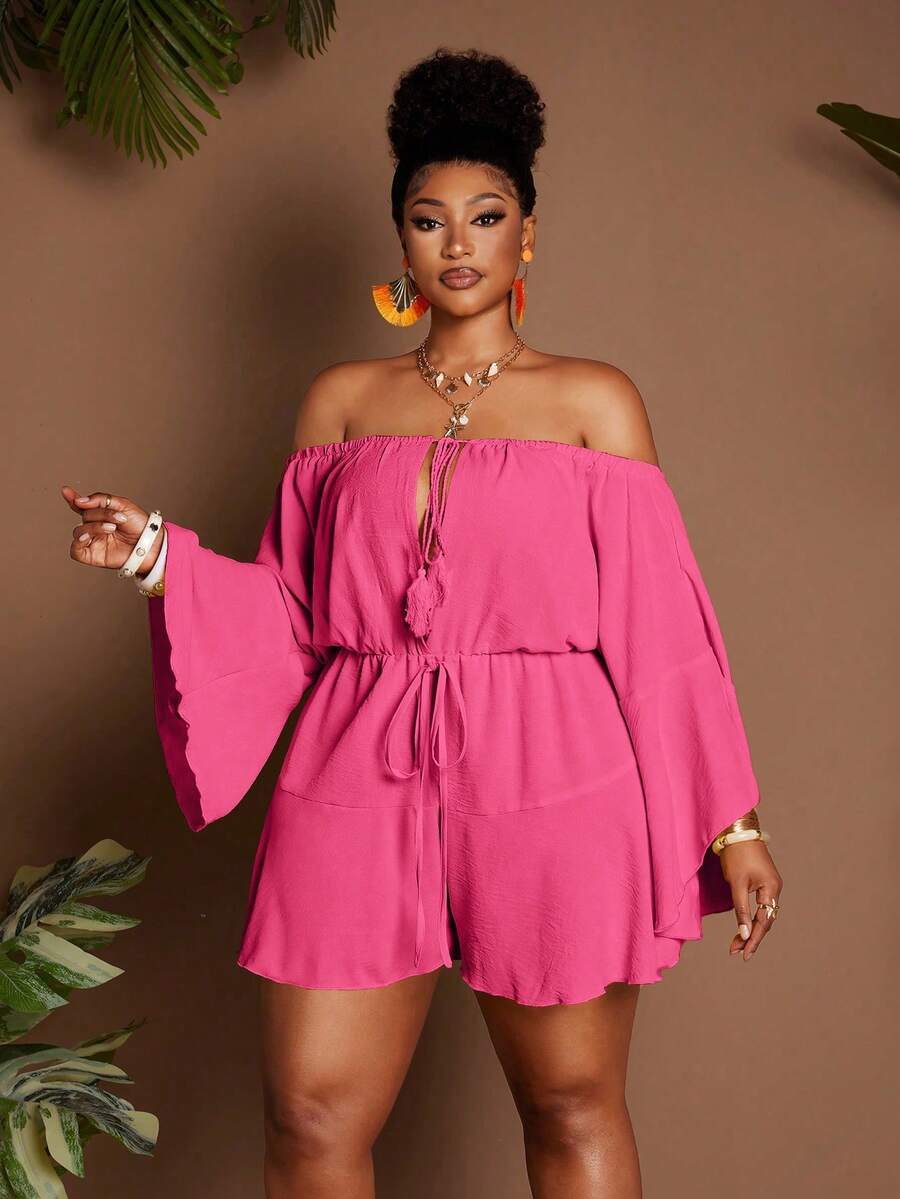 Maweii Jumpsuit Liburan Seksi Wanita Ukuran Plus dengan Bahu Terbuka - Hot Pink - View 1