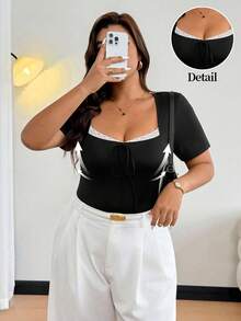 Calvaya Camiseta ajustada de manga corta con cierre de cremallera y lazo delantero de encaje en contraste para mujer talla grande, top elegante negro de verano para vacaciones, noche, fiesta de té, club y eventos formales - Negro - Ver 8