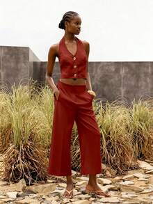 Lumivelle Women's Casual Business Casual Commuting Minimalist Solid Color Side Pocket Loose Wide Leg Pants Working Red Summer Working - Red - View 3