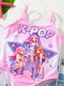 SHEIN 少女卡通简约图案，亮粉色，韩流女团泳装印花，连体泳衣，适合夏季海滩穿着。 - 粉色 - 查看 5