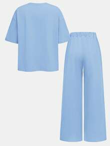 SHEIN Girlism Completo casual da ragazza adolescente in maglia blu oliva, con collo rotondo, spalle cadenti, plissettatura e stampa, adatto per uso quotidiano, streetwear, sport, vacanze, attività all'aperto in famiglia, picnic primaverili e varie occasioni - Blu - Visualizzare 2