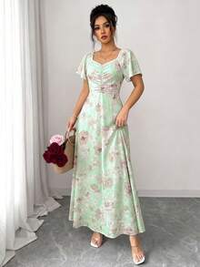 SHEIN Elenzya 女士玫瑰碎花褶皱前片荷叶袖腰部A字连衣裙，魅力优雅休闲度假通勤性感时尚约会法式街头复古百搭春夏红白多色新款短袖长裙 - 薄荷綠 - 查看 5