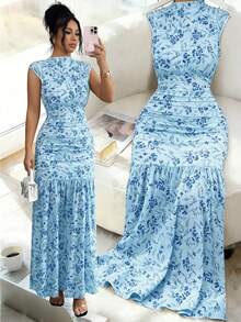Elenzga Yellow Printed Ruched Waist Ruched Slit Elegant Dress For Women - Blue - View 5