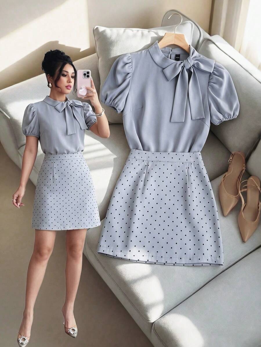 SHEIN Franclia 女士优雅打结领花瓣袖上衣和波点半裙套装，夏季时尚通勤装 - 灰色 - 查看 1