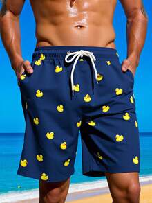 Manfinity Swimmode 男款抽繩腰卡通印花休閒百搭海灘短褲，度假款 - 藏蓝色 - 查看 6