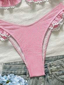 Swim Mod 2pcs/Set Girls' Special Fabric Striped Ruffle Triangle Bikini Top And V-Cut Flounce Triangle Bottoms Swimwear - Pink - View 4