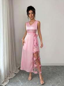 Elenzga Đầm cổ chữ V thêu họa tiết nơ 3D ngọt ngào dành cho nữ - Hồng - Xem 4
