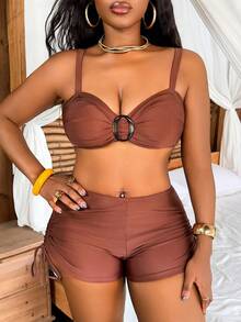Slaydiva Plus Size Women Summer Beach Gym Cashew Print Halter Tankini And Shorts Swimwear Set - Coffee Brown - View 5