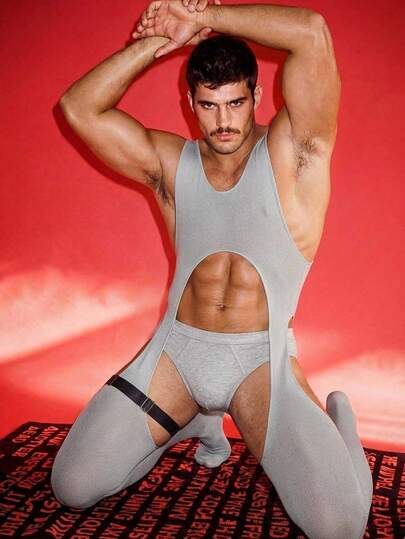 DSELFIQUE Men's Solid Color Hollow-Out Design Jumpsuit Loungewear Sexy Holiday  Summer