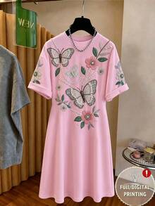 GlowEve Đầm nữ mùa hè mới màu hồng, chất liệu dệt kim co giãn, in hình bướm, hoa và ngọc trai, cổ tròn, vai rớt, tay xếp ly, dáng chữ A, thoải mái, thích hợp mặc hàng ngày, ở nhà, đi du lịch, đa năng, dài đến đầu gối. - Hồng - Xem 1