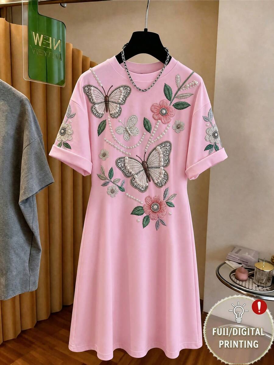 GlowEve Đầm nữ mùa hè mới màu hồng, chất liệu dệt kim co giãn, in hình bướm, hoa và ngọc trai, cổ tròn, vai rớt, tay xếp ly, dáng chữ A, thoải mái, thích hợp mặc hàng ngày, ở nhà, đi du lịch, đa năng, dài đến đầu gối. - Hồng - Xem 1