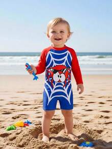 SHEIN Baby Boy Cute Spider Web Pattern Contrast Color Blue Long Sleeve Rash Guard Swimsuit,Suitable For Vacation,Beach,Surfing,Swimwear,Sleeves - Blue - View 6