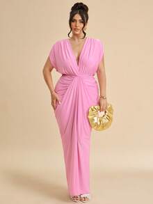 SHEIN BAE Đầm dự tiệc/hẹn hò thời trang màu trơn dành cho nữ cỡ lớn, cổ chữ V sâu, xếp ly. - Hồng - Xem 2