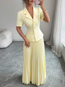 Selianne Women's Pale Yellow Summer Tea Party Dinner Garden Party Golf French Sicily Solid Lapel Collar Short Sleeve Cropped Shirt Pleated Skirt Elegant - Light Yellow - View 8