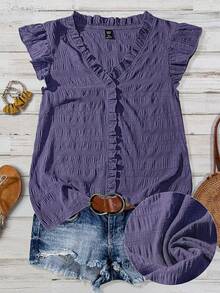 SHEIN LUNE CURVE Plus Size Women's Solid Color Textured V-Neck Ruffle Trim Petal Sleeve Fitted Casual Regular Blouse - Purple - View 1