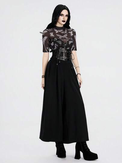 Breakform Gothic Top T-Shirt With Dark And Sexy Butterfly Pattern For Cool Girls Casual Vacation Butterfly & Prosperity Pattern Sheer Fitted T-Shirt