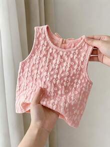 Cozy Pixies Baby Girl Sleeveless Solid Color Round Neck Vest With Bow Decor - Baby Pink - View 2
