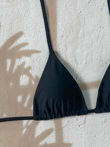 Elavelle Solid Color Halter Twist Back Bikini Top - Black - View 7