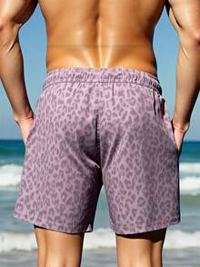 Manfinity Swimmode Pantalones cortos casuales de playa con estampado de leopardo, cintura con cordón y bolsillos para hombre, vacaciones - Rosa vieja - Ver 2
