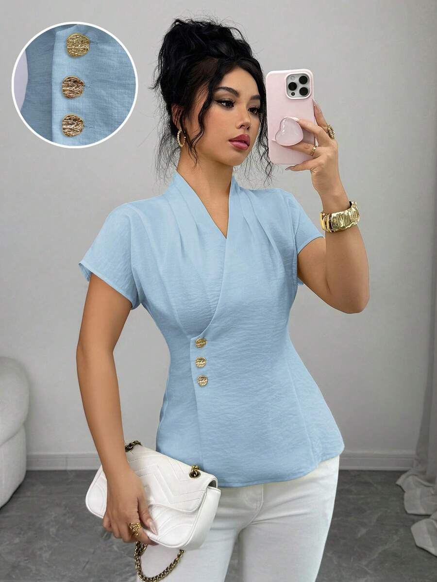 Selianne Women's Elegant Smart Casual Sicilian Style V-Neck Short Sleeve Blouse, Light Blue, Summer, Office, Work, Lightweight, Suitable For Commute, Party - Baby Blue - View 1