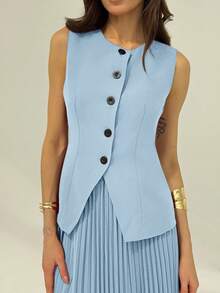 Aloruh Women's Elegant Commuter Solid Color Vest & Pleated Skirt Suit In Fall/Winter - Baby Blue - View 4
