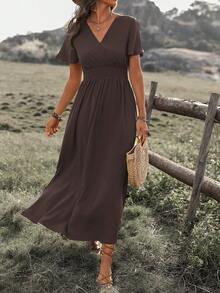 EMERY ROSE Vestido largo con cuello en V y abertura, de unicolor, para vacaciones y playa, para mujer - Marrón Chocolate - Ver 6