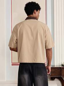 SWAVVY Men's Letter Print Short Sleeve Single-Breasted Cargo Pocket Shirt,Holiday,Summer - Khaki - View 5
