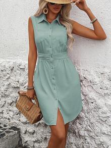Wandoria Patched Pocket Button Front Sleeveless Solid Shirt Dress Vacation Beach Outfits Women - Mint Green - View 4