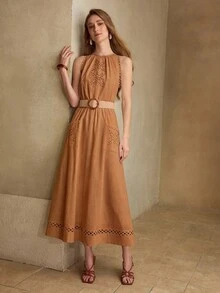 MOTF PREMIUM VESTIDO LARGO SIN MANGAS CON DISEÑO DELICADO DE MODA Y ADORNO DE ENCAJE BORDADO CALADO PARA MUJERES - Caqui - Ver 3