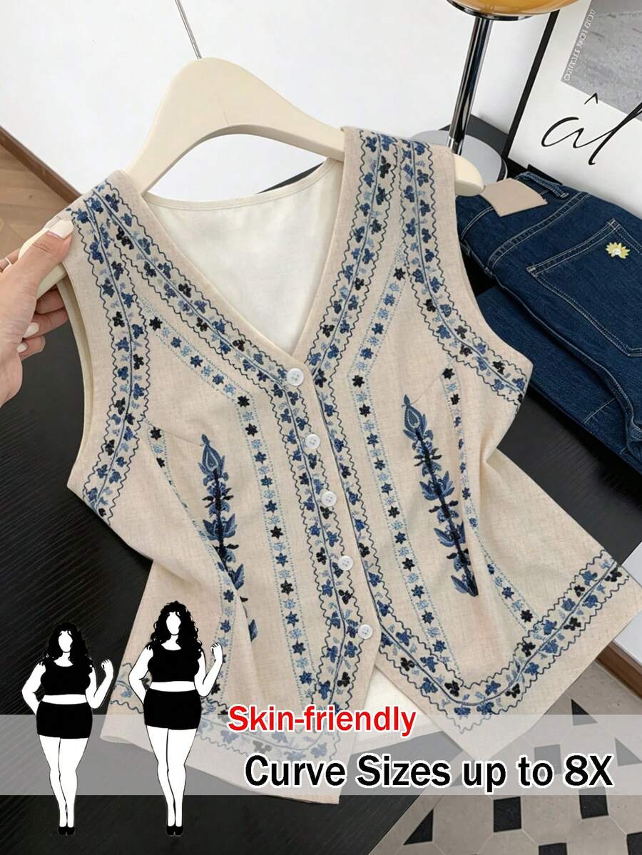 SHEIN CURVE+ Áo khoác ngoài và áo tank top dệt in họa tiết thời trang mới cho mùa hè dành cho nữ, thích hợp cho trang phục đi biển. - Màu be - Xem 1