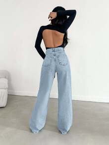 SHEIN Petite High Waist Casual Style Light Blue Snow Wash Regular Fit Button Front Wwideleg Jean - Light Wash - View 2