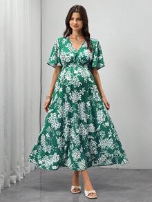 Momance Đầm bầu tay ngắn cổ chữ V in hoa thanh lịch, thích hợp cho mùa xuân/hè. - màu xanh lá - Xem 5