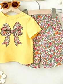 SHEIN 2件組少女卡通花朵公主T恤短褲套裝，甜美可愛，舒適百搭，適合夏季外出 - 白色 - 查看 4