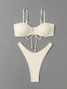 Swim Lushoire Ladies' Solid Front Cross Lace-Up Two-Piece Bikini Set, Summer Beach - Beige - View 4