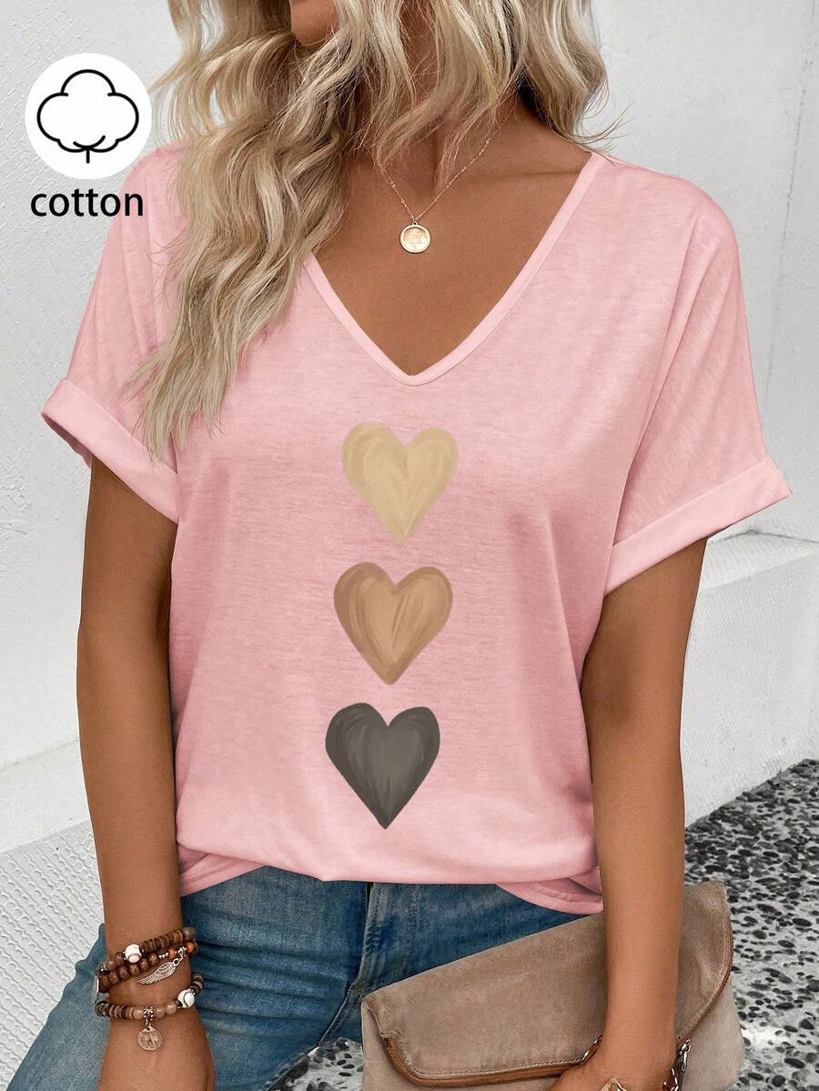 EMERY ROSE Women's Gradient Heart Print V-Neck Casual Short Sleeve T-Shirt, Versatile For Spring & Summer - Pink - View 1